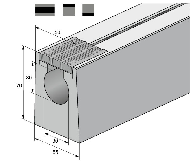 Isometrische Zeichnung Smart-Schlitzrinne mit Vermassung