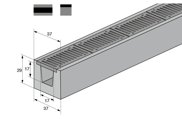 Isometrische Zeichnung Gussrostrinne mit Vermassung